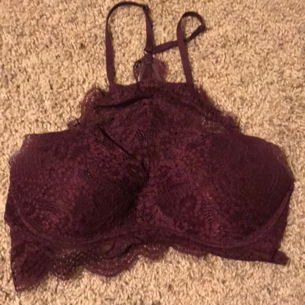 Pink push up, halter bra, burgundy lace.